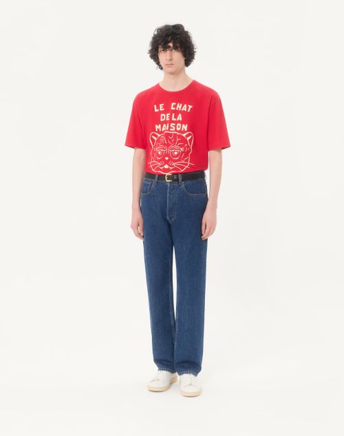 Valentino - Cotton T-shirt With Le Chat De La Maison Print - Red/butter - Man - T-shirts And Sweatshirts